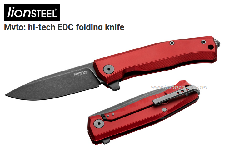 Lion Steel MT01A RB Myto Flipper Framelock Knife, M390 Black SW, Aluminum Red